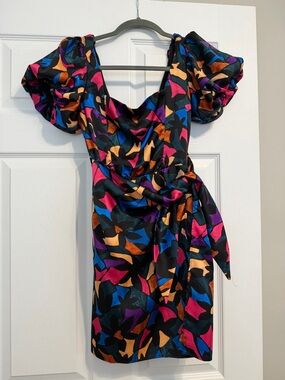 Show Me Your MuMu Black Multicolor Puff-Sleeve Wrap Mini Dress
